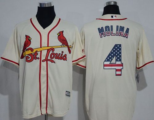 Cardinals #4 Yadier Molina Cream USA Flag Fashion Stitched MLB Jersey - Click Image to Close